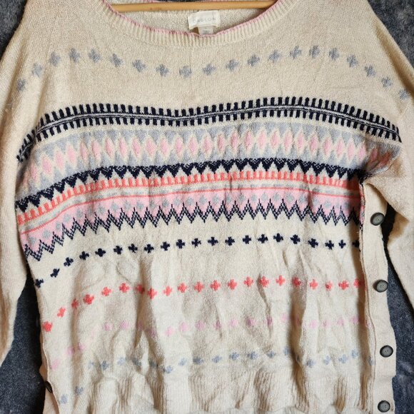 Caslon Winter Sweater Womens Large Knit Wool Blend Fair Isle Off White Buttons - Picture 4 of 10